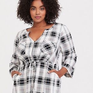 Black and Multi Plaid Drawstring Shirt Dress